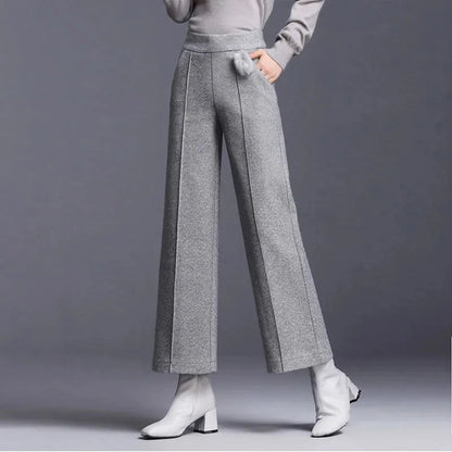 Elegant Woolen Blend Wide Leg High Waist Office Pants