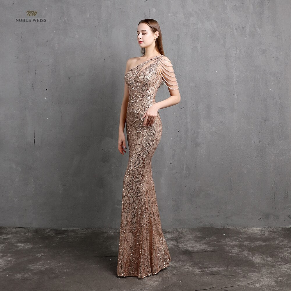 Amy Fashion - One-Shoulder Floor-Length Mermaid Sequined Evening Dress