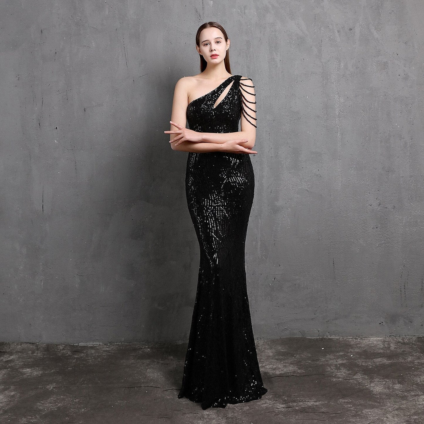 Amy Fashion - One-Shoulder Floor-Length Mermaid Sequined Evening Dress