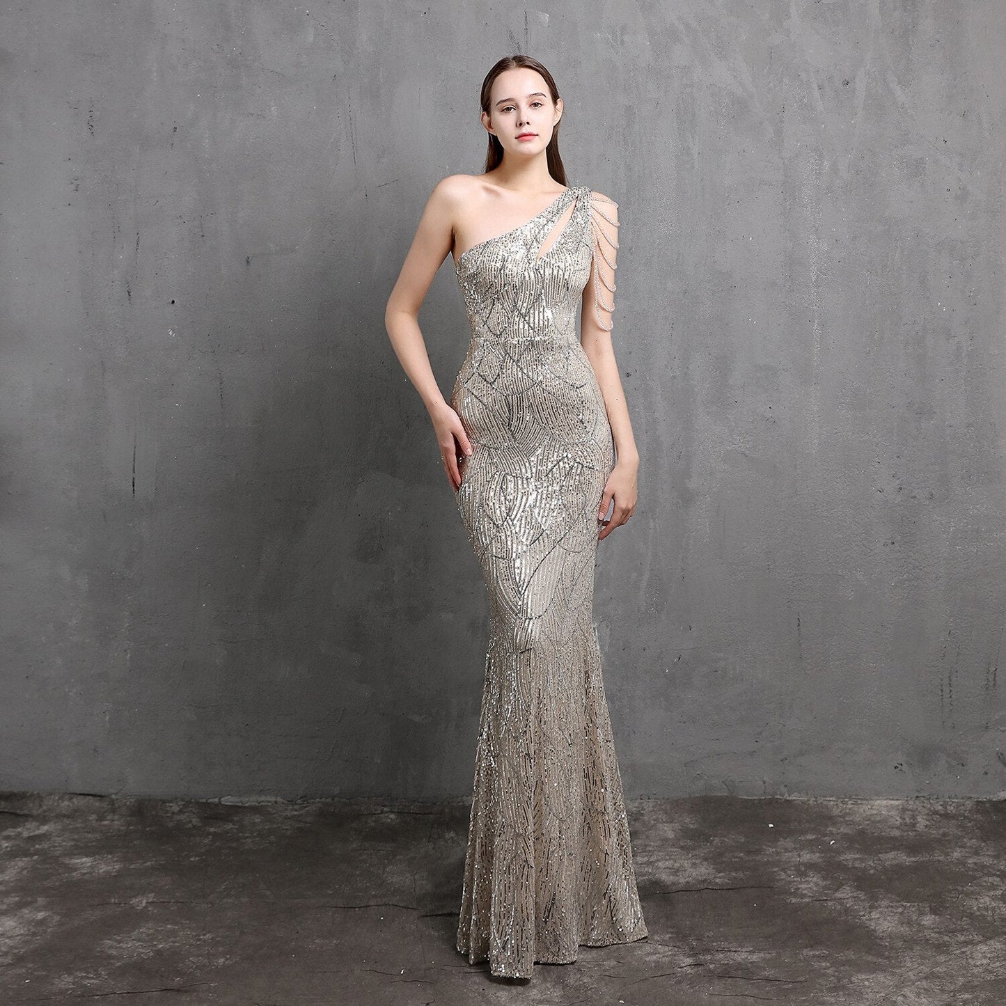 Amy Fashion - One-Shoulder Floor-Length Mermaid Sequined Evening Dress