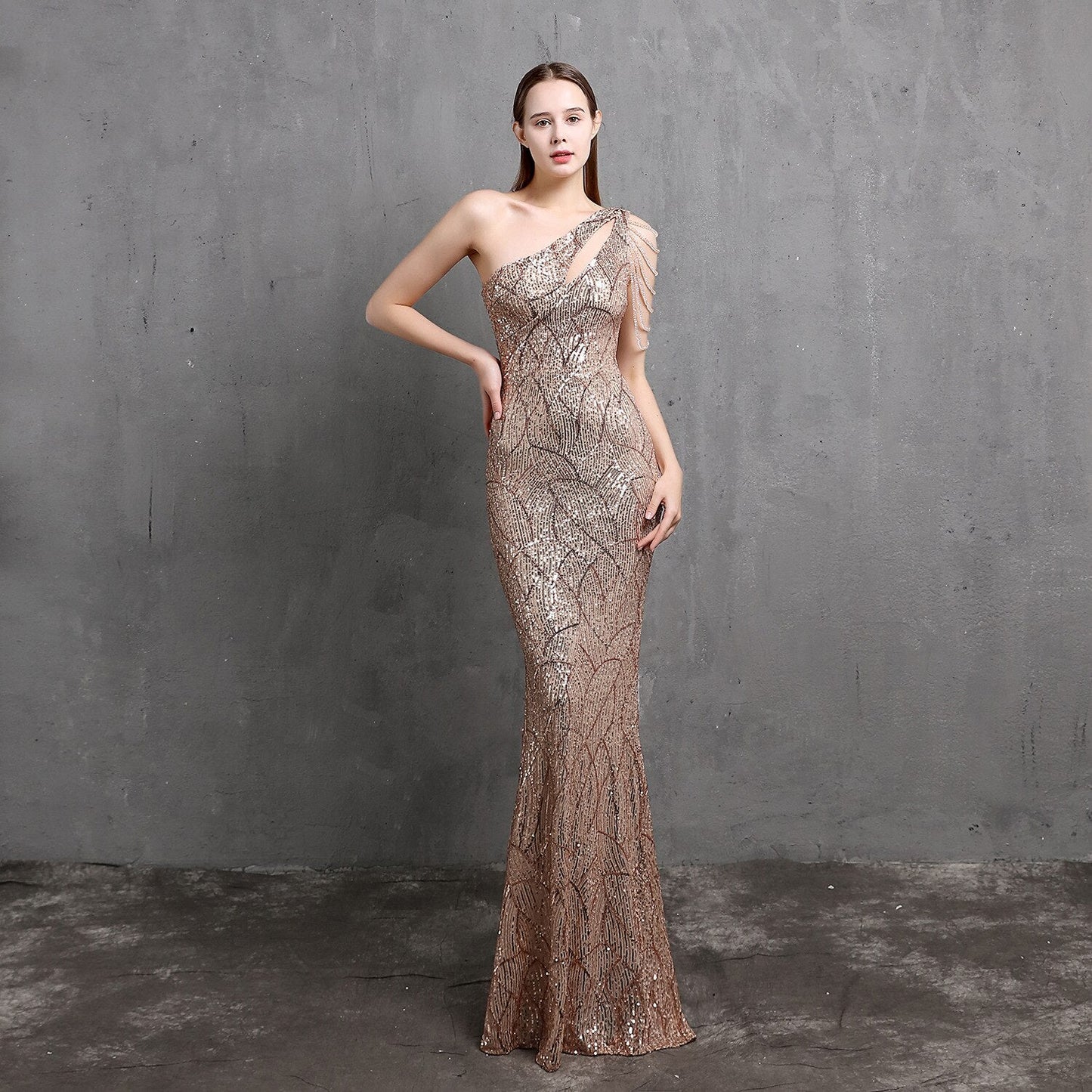 Amy Fashion - One-Shoulder Floor-Length Mermaid Sequined Evening Dress