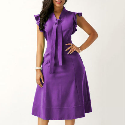 Amy Fashion - Fashion Solid Color Tie Ruffled Fly Sleeve Slim Midi Dress