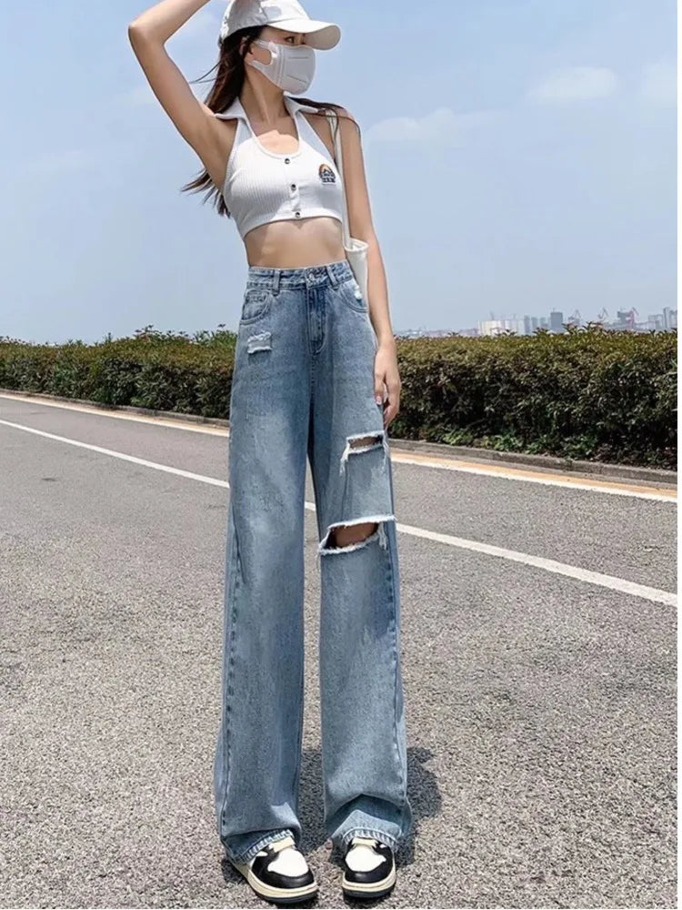 Amy Fashion - New Straight Loose High Waist Thin Women's Summer Thin Section Wide Leg Pants Jean