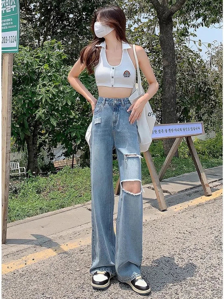 Amy Fashion - New Straight Loose High Waist Thin Women's Summer Thin Section Wide Leg Pants Jean