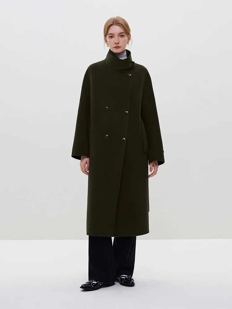 Wool Stand Collar Diagonal Placket Design Double-Breasted Long Dark Green Straight Commuter Black Coat