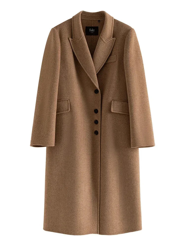 Wool Camel Color Front Shoulder Single Breasted Office Lady Long Winter Coat