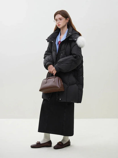 Fox Fur Detachable Hooded Mid-Length Black Gentle White Female Long Coat