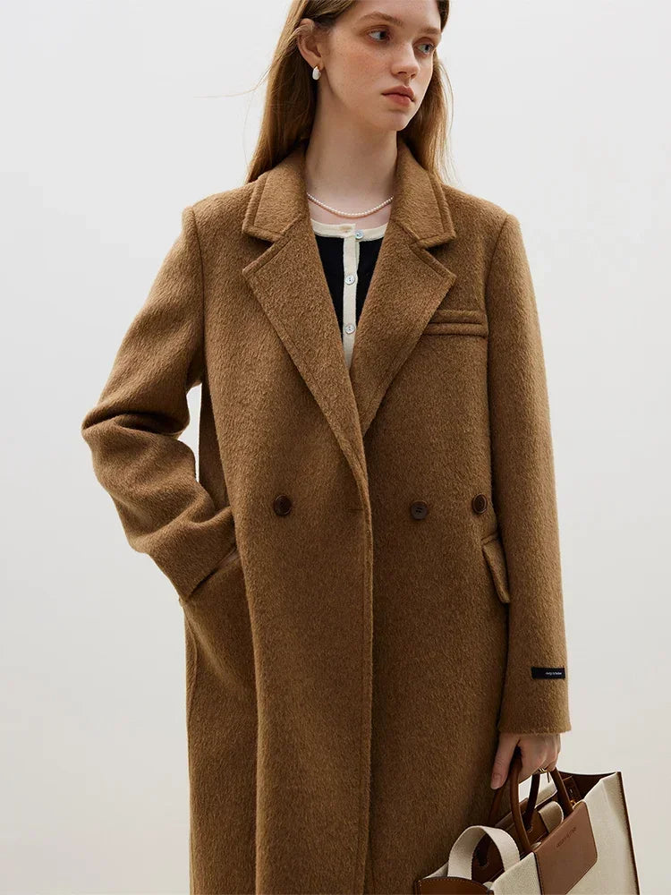 Wool Front Shoulder Temperament Long Notched Collar Double-sided Female Coat