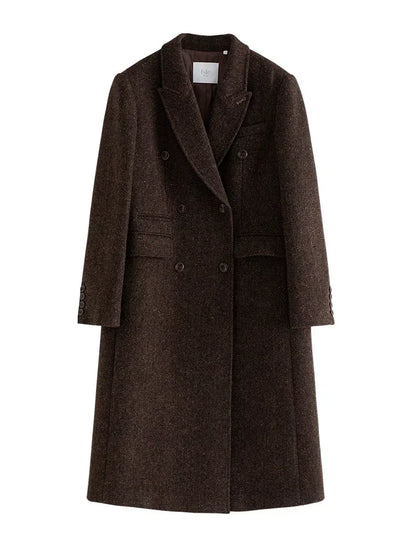 Wool Notched Collar Front Shoulder Coffee Color Double Breasted Long Coat