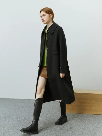 Hepburn Style Polo Collar Long Woolen Autumn Winter Office Lady Single-breasted Full Wool Coat