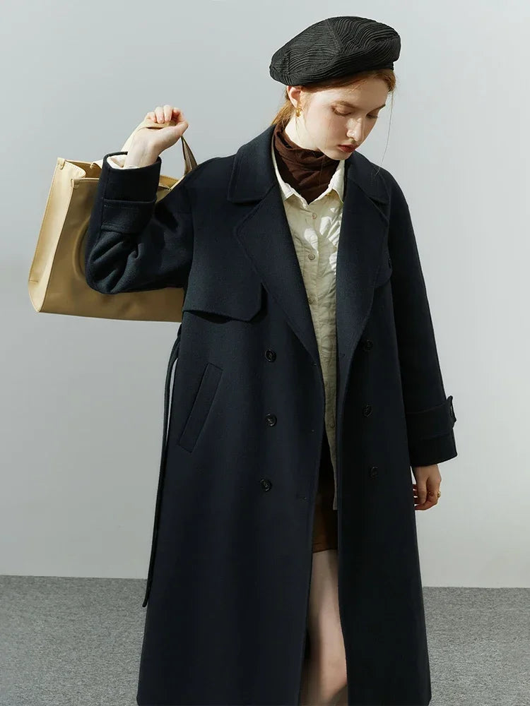 Hepburn Style Pure Woolen Autumn Winter Temperament Office Lady Double-sided Mid-length Coat