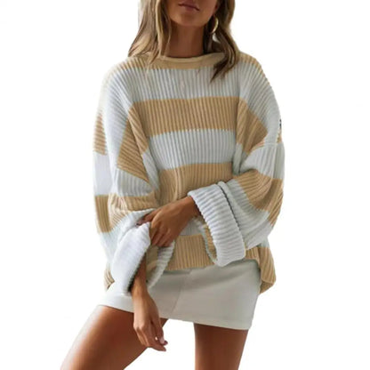 Fall Winter Colorblock Knitted Thick Loose Warm Elastic Cozy Sweater