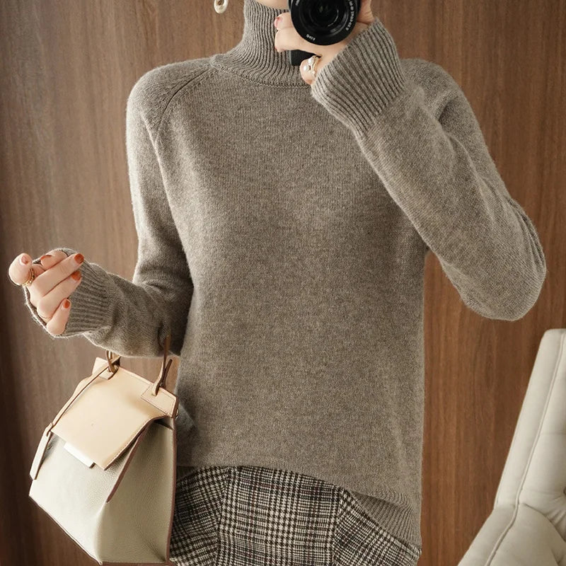 Fashion Basic Autumn Winter Merino Wool Mock Neck Cashmere Pullover Soft Long Sleeve Sweater