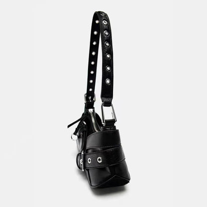 School Bag Fashion Punk Skeleton Rivet Black PU Backpack Y2K Chain Goth Women Leather