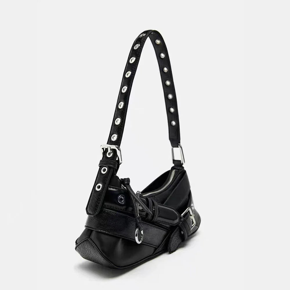 School Bag Fashion Punk Skeleton Rivet Black PU Backpack Y2K Chain Goth Women Leather