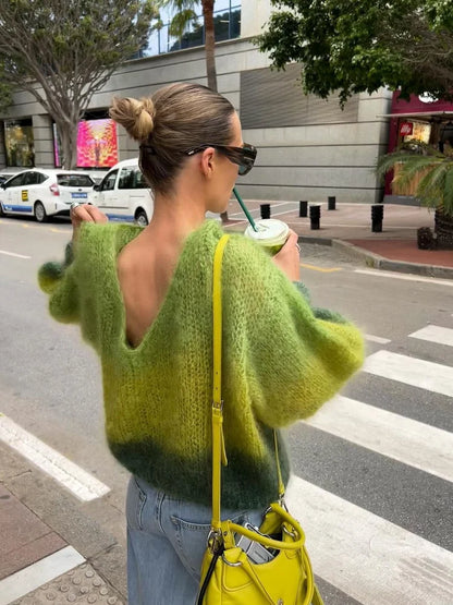 Fashion Gradient Green Loose Knitted Pullover Women Elegant Round Neck Long Sleeve Chic Autumn Sweater