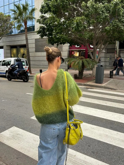 Fashion Gradient Green Loose Knitted Pullover Women Elegant Round Neck Long Sleeve Chic Autumn Sweater