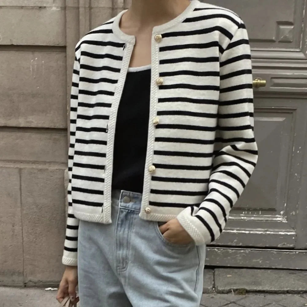 Knit Striped Shorts Long Sleeve Slim Two Piece Sets Sweater