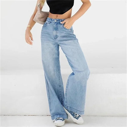 Fashion Loose Mid Waist Straight Daily Casual Commuter Denim High Street Wide Leg Jean