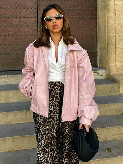 Pink Big Lapel Faux Leather Casual Zipper With Pocket Long Sleeve Commute Chic Jacket