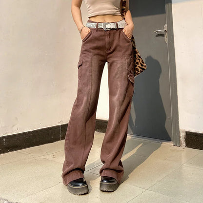 Amy Fashion - Fashion Streetwear Women Denim Trouser Loose Cargo Korean Autumn Winter Pockets Patchwork Baggy Jean