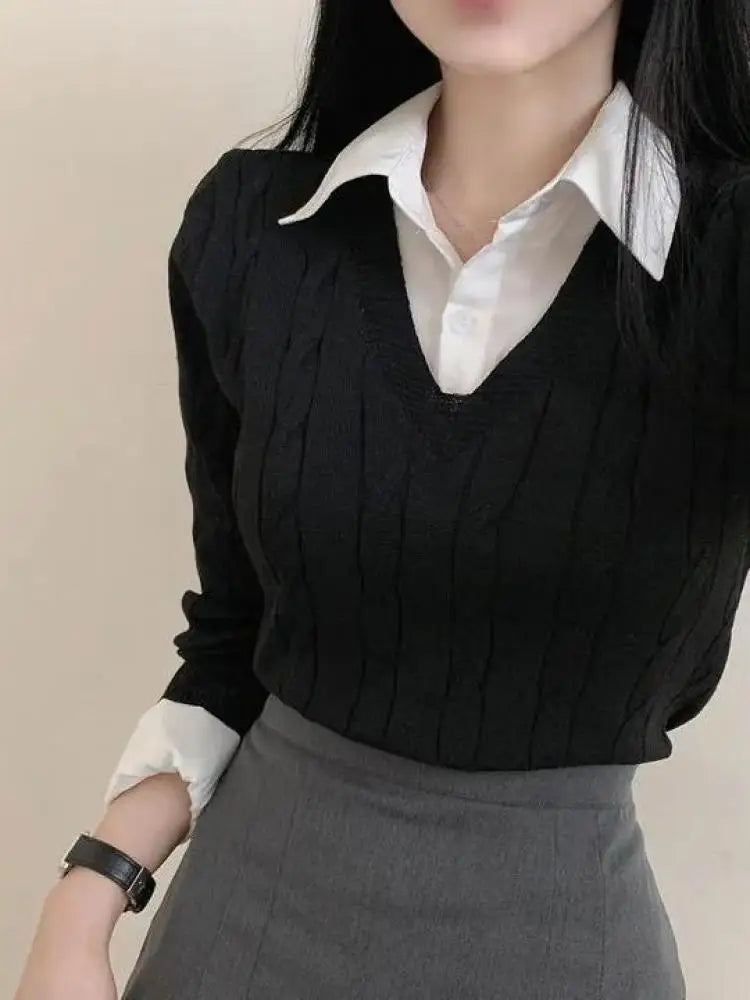 Fashion Winter Knitted Women Casual V-Neck Pullover All-match Loose Sweater