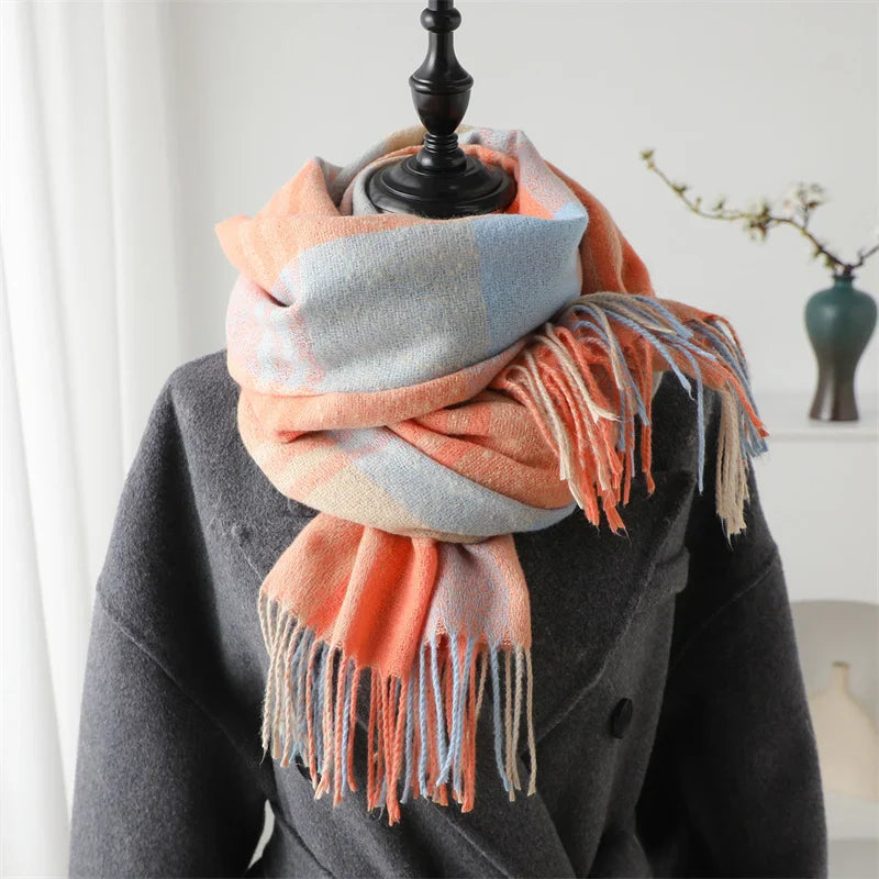 Winter Warm Colorful Cashmere Like Thick Pashmina Tassels Plaid Scarf