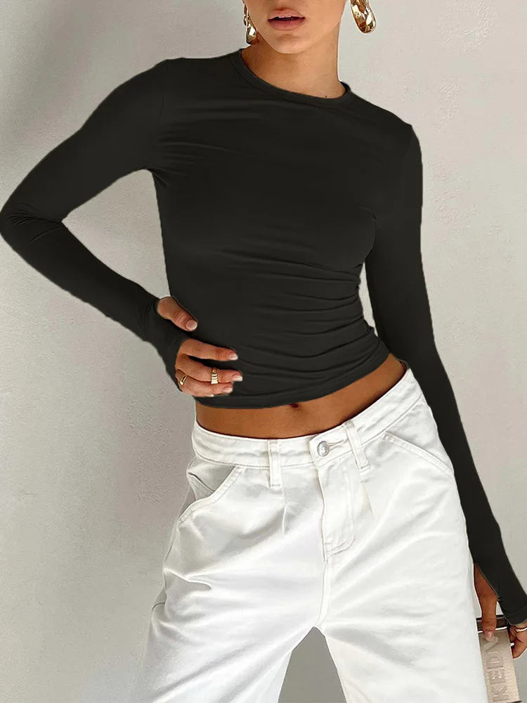 Long Sleeve Crew Neck Solid Slim Fit Thumb Holes Crop Top