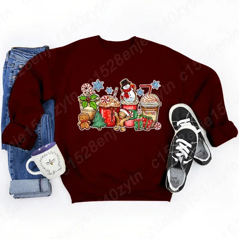 Vintage Style Christmas Hoodie - Festive Beverage Print Casual Fashion