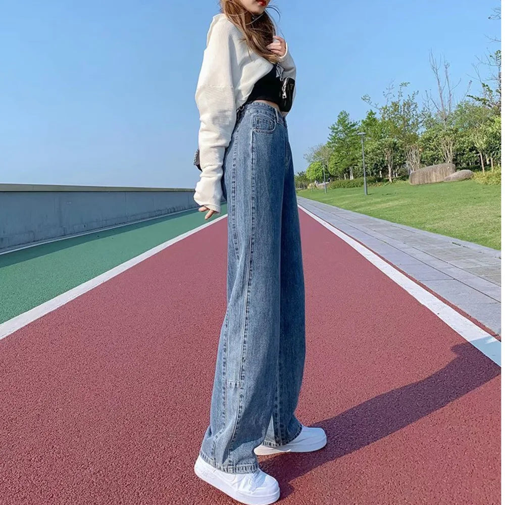 Amy Fashion - Fashion Straight Women Pant Woman High Waist Denim Pants Wide Leg Denim Clothing Blue Vintage Quality Jean