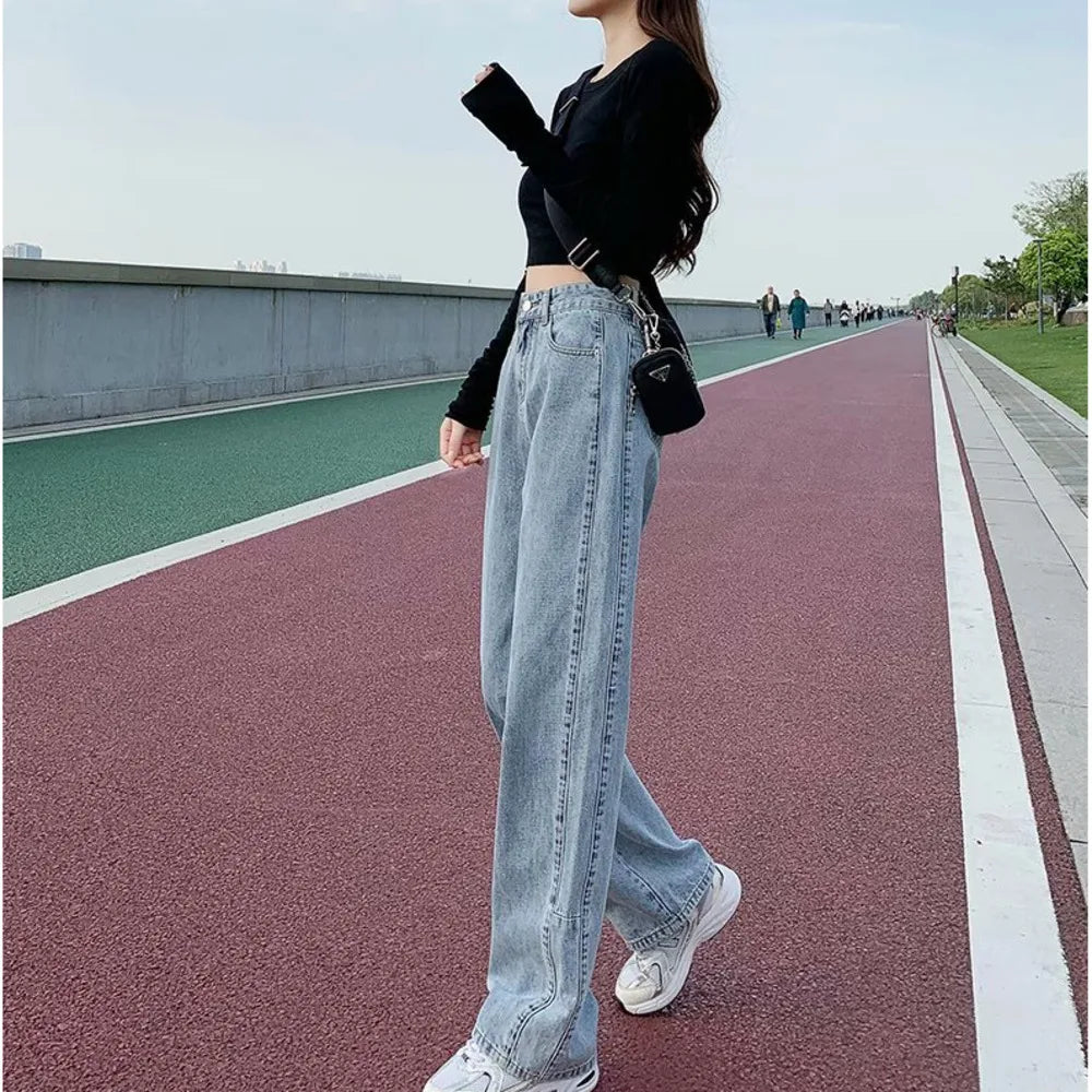 Amy Fashion - Fashion Straight Women Pant Woman High Waist Denim Pants Wide Leg Denim Clothing Blue Vintage Quality Jean