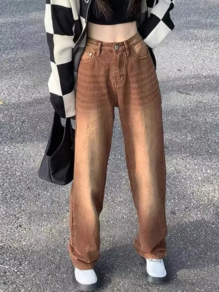 Amy Fashion - European And American Retro Brown High-waisted Straight-leg Loose And Thin Wide-leg Autumn Jean