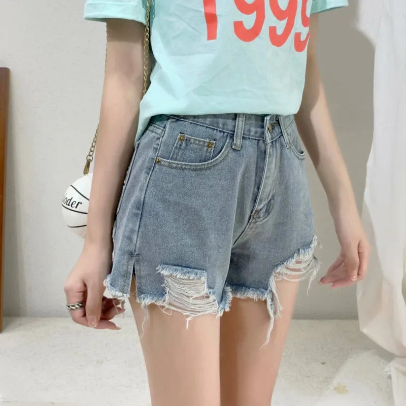 Amy Fashion - New Summer Casual Female Loose Fit High Waist Button Blue Denim Jean