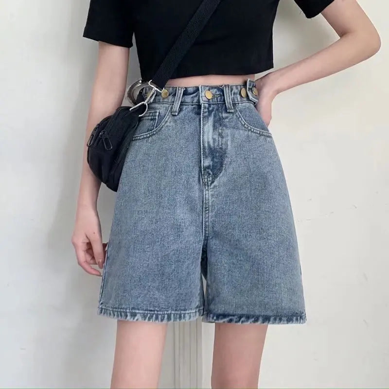 Amy Fashion - Streetwear Summer Half High-Waisted Belted Loose Female Short Fashion Jean