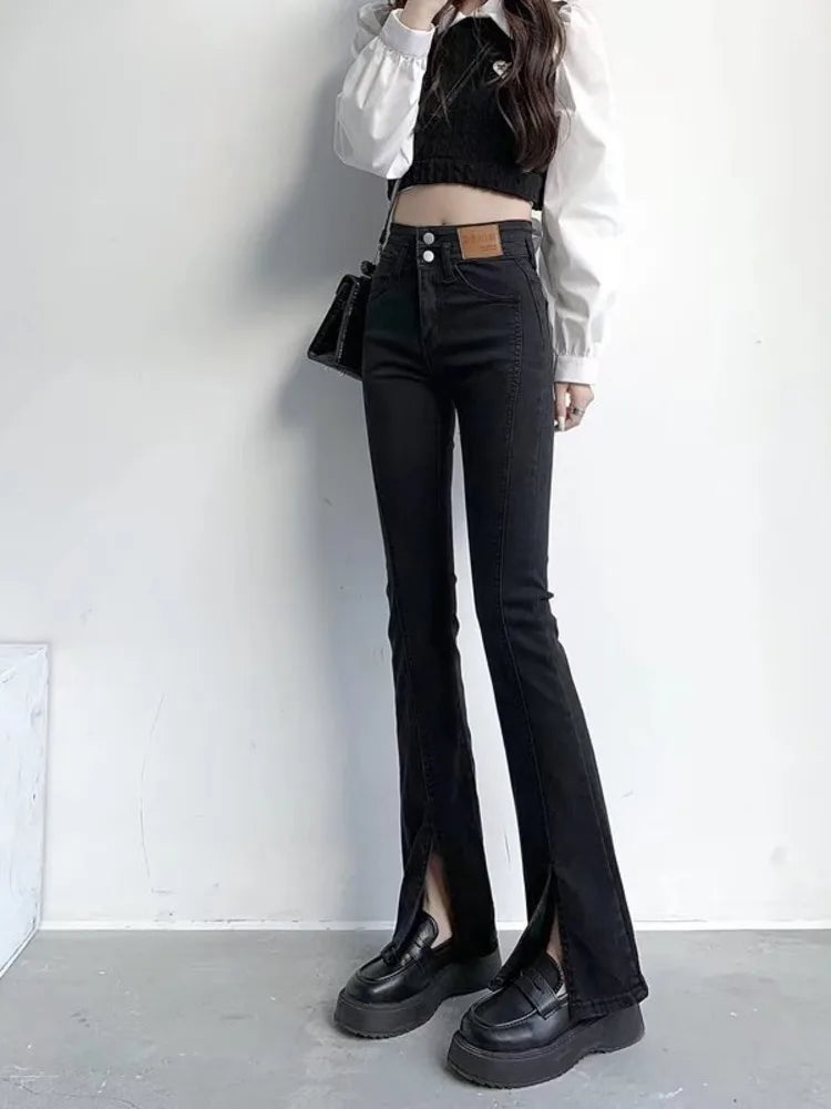 Amy Fashion - Feynzz's Split Spring And Autumn New High-waisted Slim Fit Micro-trumpet Trendy Women's Jean