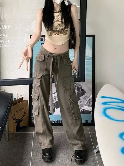 Amy Fashion - Trousers Summer Popular Light-Colored Women's New Temperament Trend Wide-Leg Pants Japanese Fashion Zipper Jean