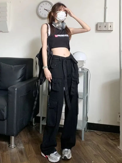 Amy Fashion - Trousers Summer Popular Light-Colored Women's New Temperament Trend Wide-Leg Pants Japanese Fashion Zipper Jean