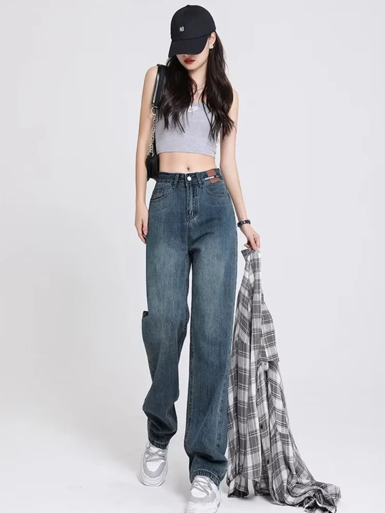 Amy Fashion - Spring and Autumn New Korean Version High-Waisted Slimming Retro Straight Jean