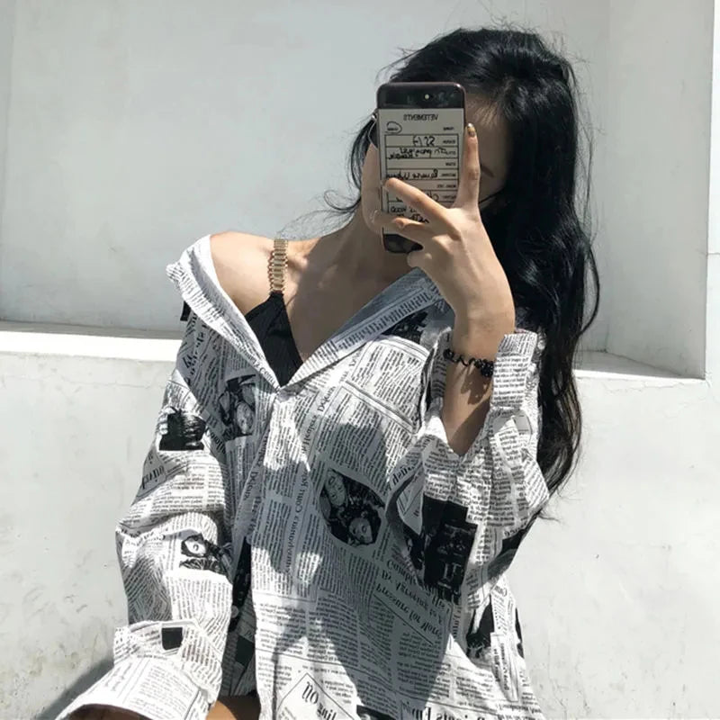 Printed Trendy Streetwear Oversize Couples Thin Tops Blouse