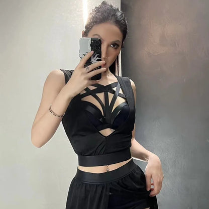 Goth Club Mesh Sexy Black Corsets Skirt Set Women Sleeveless Bra Bandage Slit Skirt Crop Top