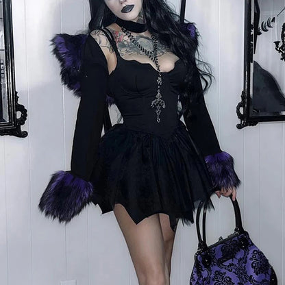 Dark Bat Mesh Hem Gothic Mini Faux Fur Neck Crop Sexy Alternative Cardigan