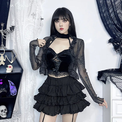 Dark Fairycore Glitter Elegant Thin Gothic See-through Ruched Crop Alternative Cardigan