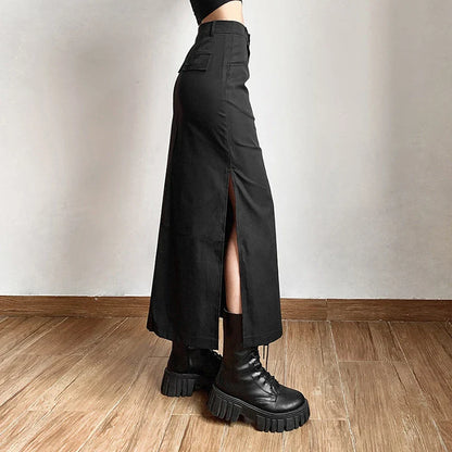 Sexy Goth Dark Waist Black Cargo Y2k Gothic High Grunge Midi Skirt Split Streetwear