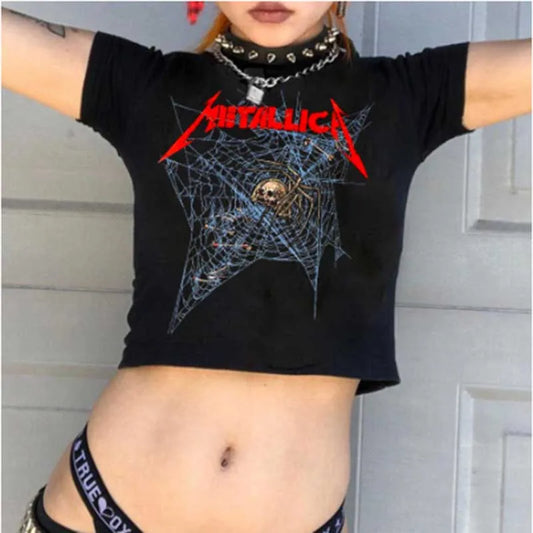 Gothic Skeleton Cobweb Print Grunge Graphic Short Sleeve Harajuku Punk Basic Sexy Crop Top