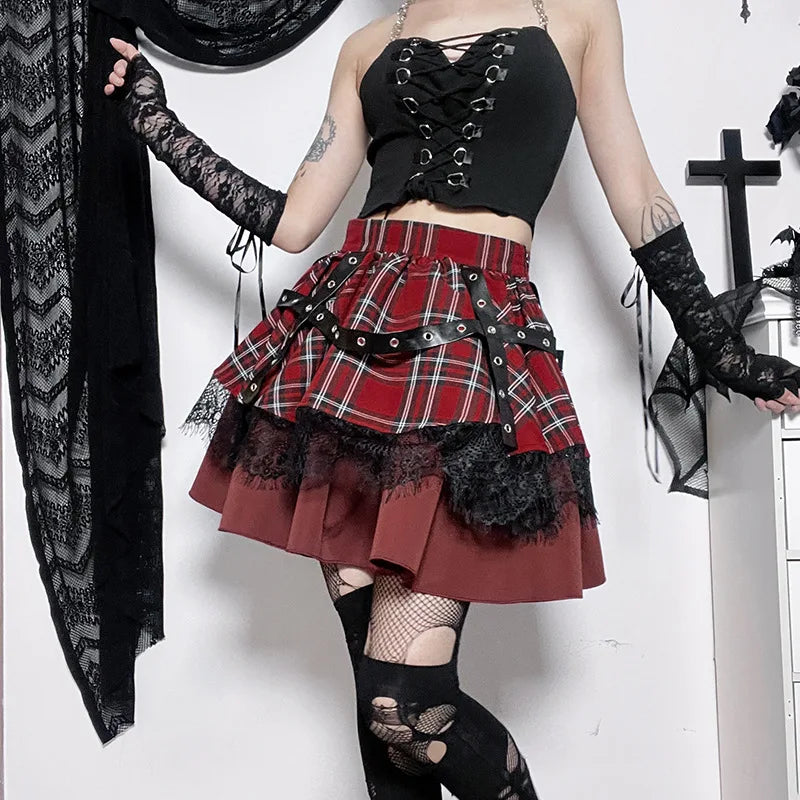 Kawaii Costume Plaid Pleated Skirt Gothic Sweet Lace Harajuku Y2k Girls