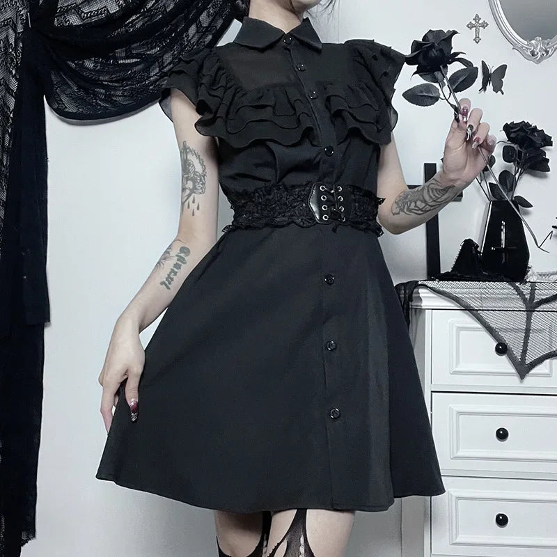 Streetwear Gothic Black Patchwork Slim E-Girl Mesh Sexy Party Harajuku Grunge Mall A-Line Dress Aesthetic Dress