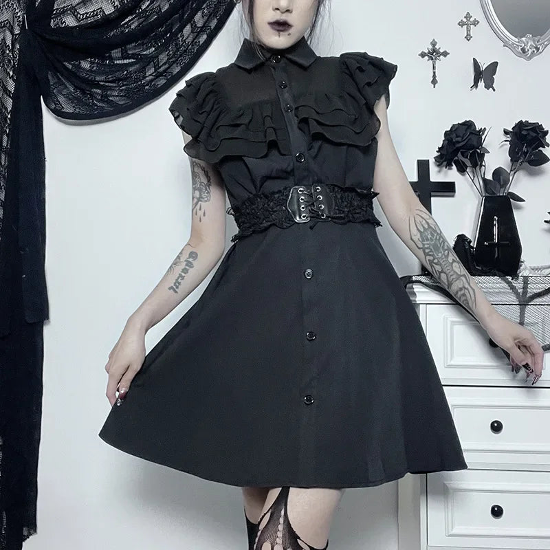 Streetwear Gothic Black Patchwork Slim E-Girl Mesh Sexy Party Harajuku Grunge Mall A-Line Dress Aesthetic Dress