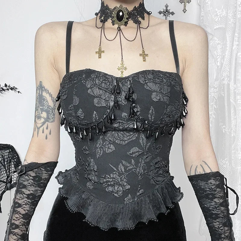 Jacquard Sexy Crop Gothic Pendant Retro Bead Grunge Top Backless