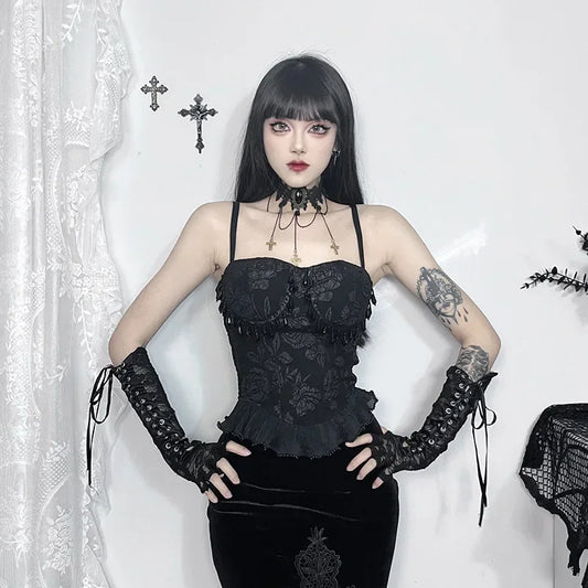 Jacquard Sexy Crop Gothic Pendant Retro Bead Grunge Top Backless