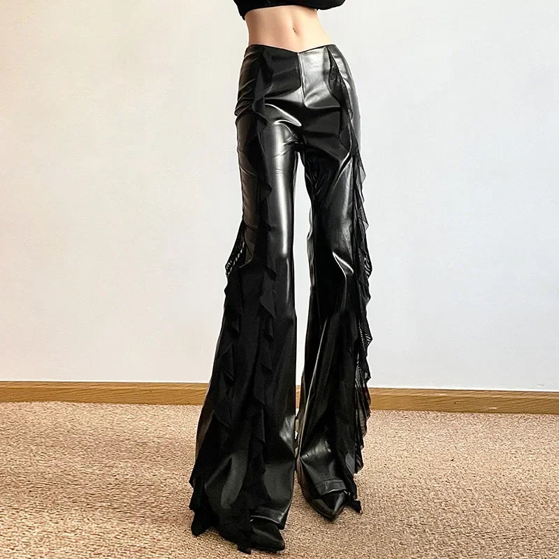 Women Casual Mesh Pants Pants Flare Faux Gothic PU Zip